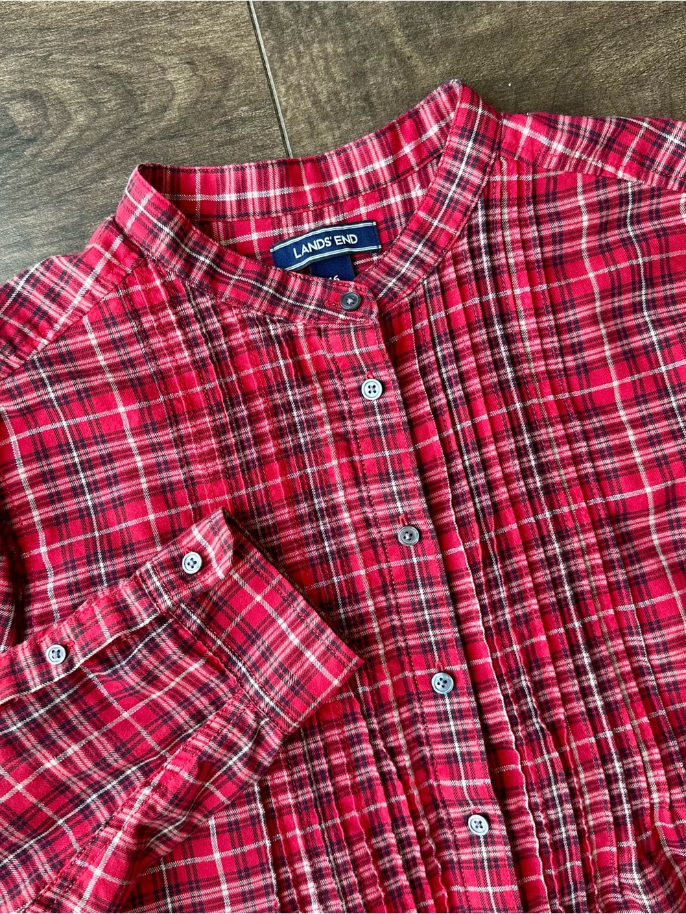 Lands' End Women’s 16 Pintuck Tunic Top Blouse Red Plaid Roll Tab Sleeve